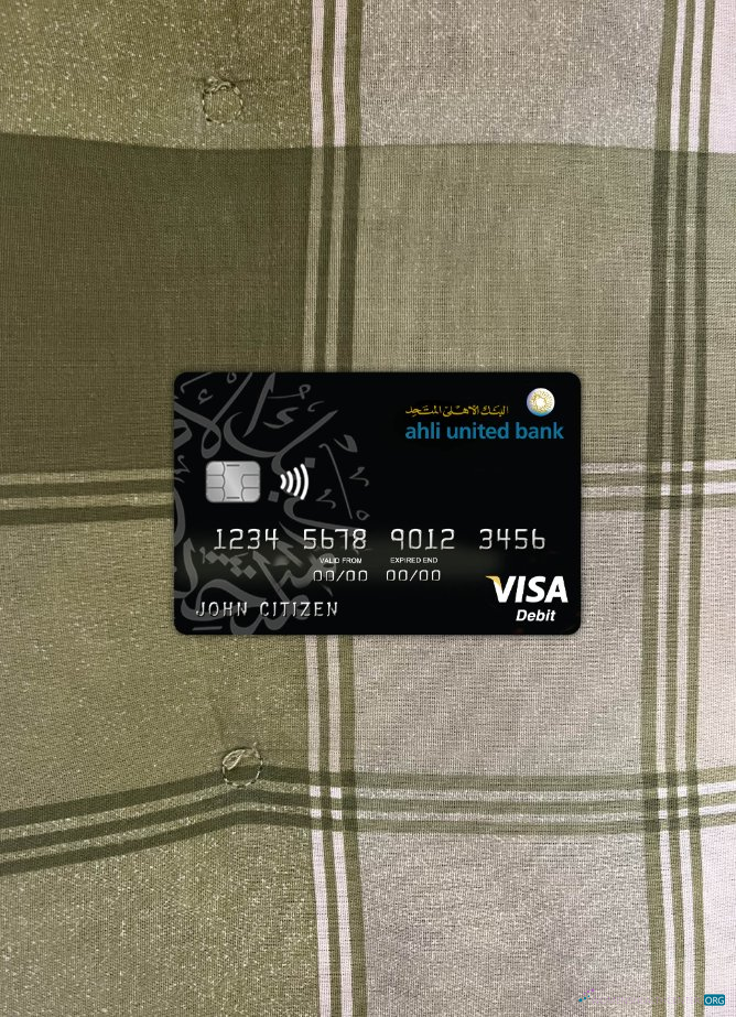 Realistische Herunterladen Bahrain Ahli Vereint Bank Visa Karte Foto-Look Vorderseite Photoshop Vorlage