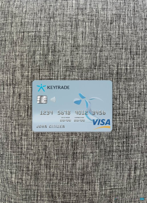 Realistische Herunterladen Belgien Keytrade Bank Visa Karte Foto-Look Vorderseite Photoshop Vorlage