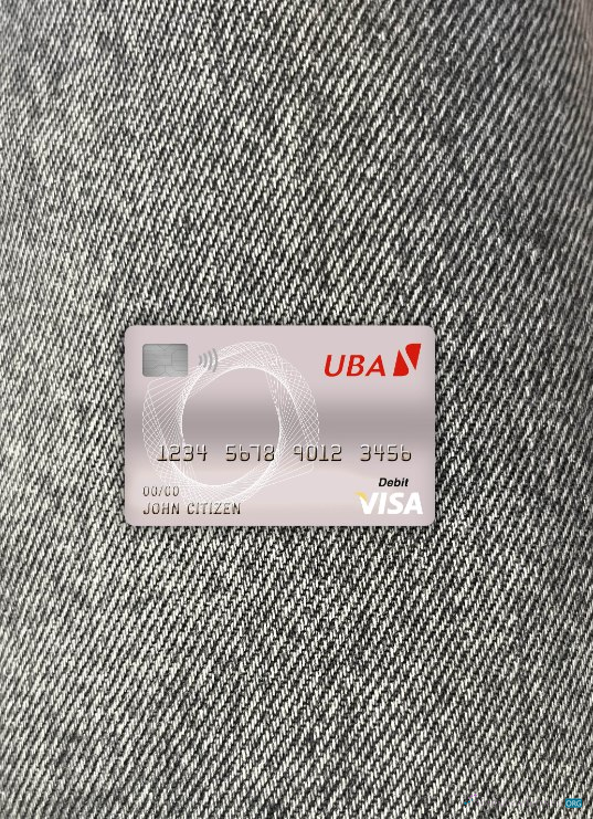Realistische Herunterladen Kamerun UBA Bank Visa Debit Karte Foto-Look Vorderseite Photoshop Vorlage