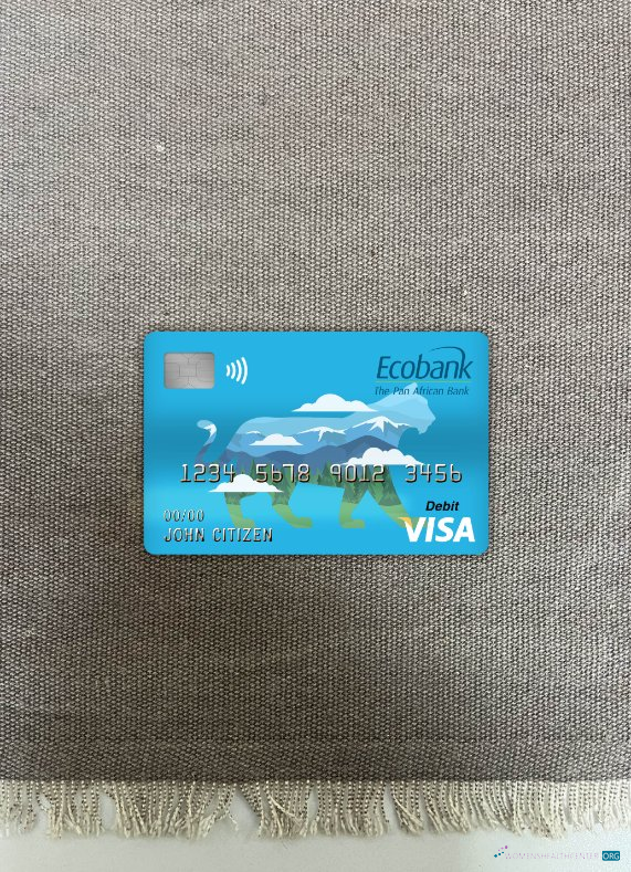 Professionelle Herunterladen Zentralafrikanische Republik Ecobank Visa Debit Karte Foto-Look Vorderseite Photoshop Vorlage