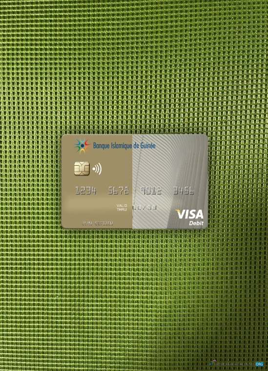Professionelle Herunterladen Guinea Banque Islmaique de Guinée Visa Debit Karte Foto-Look Vorderseite Photoshop Vorlage