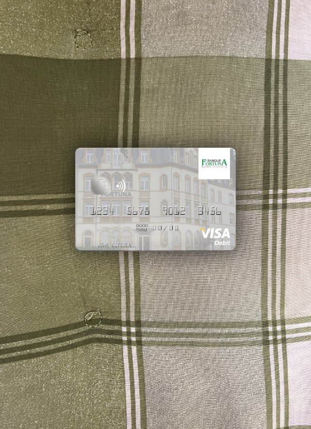 Premium Herunterladen Luxemburg Banque Fortuna Visa Debit Karte Foto-Look Vorderseite Photoshop Vorlage