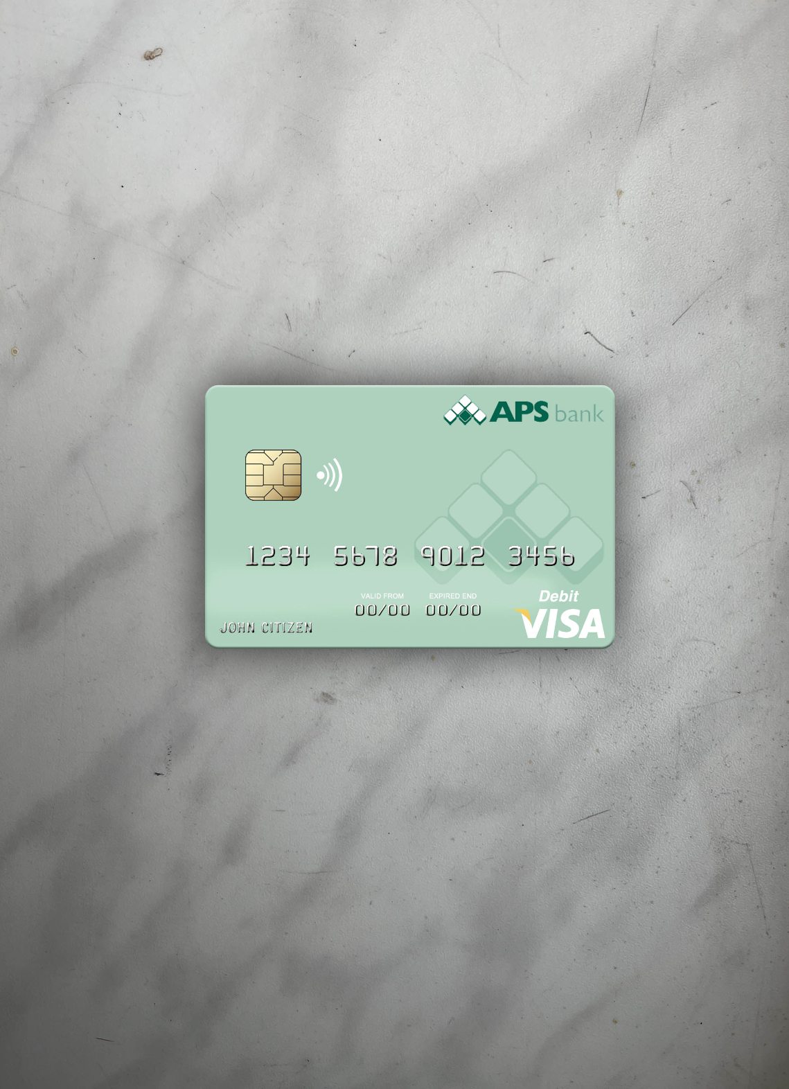 Realistische Herunterladen Malta APS Bank GmbH Visa Debit Karte Foto-Look Vorderseite Photoshop Vorlage