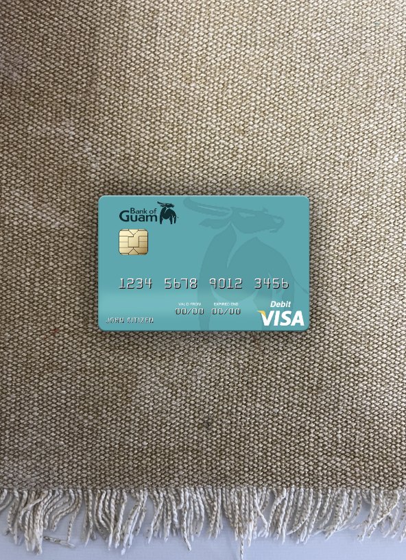 Editierbare Herunterladen Marshall Inseln Bank von Guam Visa Debit Karte Foto-Look Vorderseite Photoshop Vorlage