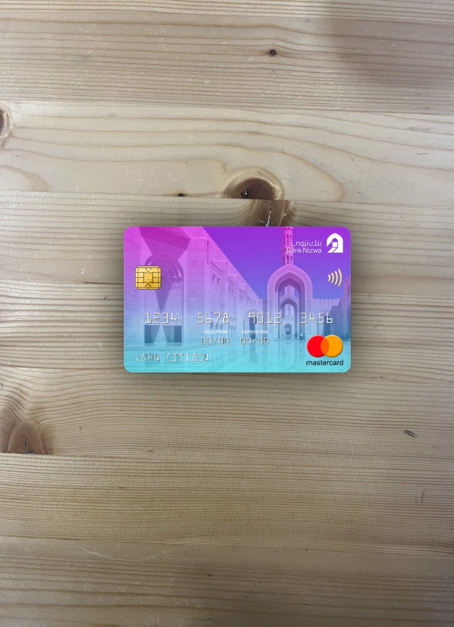 Professionelle Herunterladen Oman Bank Nizwa Mastercard Foto-Look Vorderseite Photoshop Vorlage