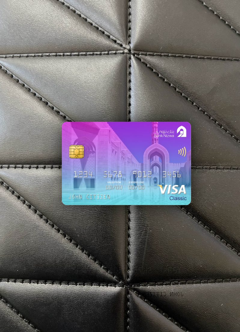Professionelle Herunterladen Oman Bank Nizwa Visa Classic Karte Foto-Look Vorderseite Photoshop Vorlage