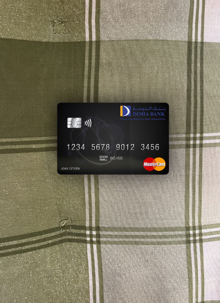 Realistische Herunterladen Katar Doha Bank Mastercard Foto-Look Vorderseite Photoshop Vorlage
