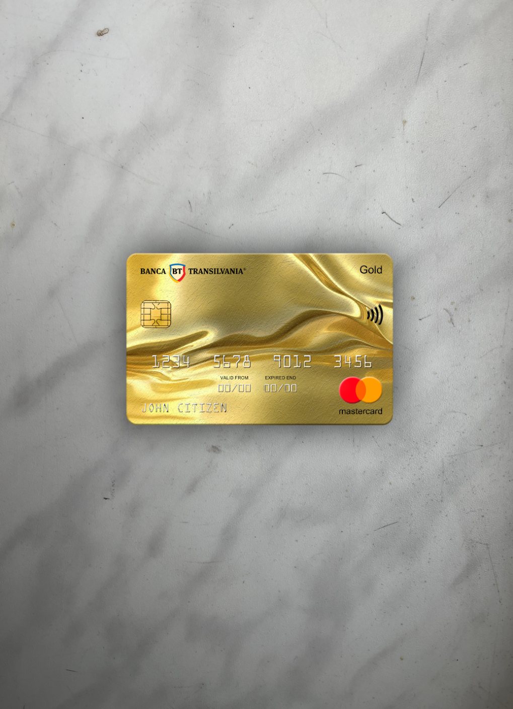 Editierbare Herunterladen Rumänien Banca Transilvania Bank Mastercard Gold Foto-Look Vorderseite Photoshop Vorlage