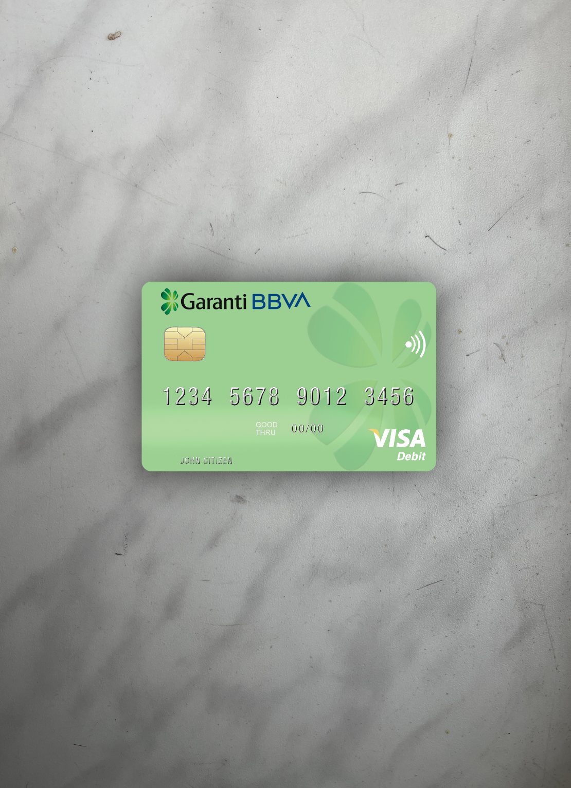 Realistische Herunterladen Rumänien Garanti BBVA Visa Debit Karte Foto-Look Vorderseite Photoshop Vorlage