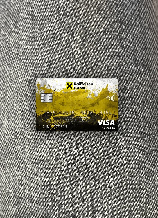 Hochwertige Herunterladen Rumänien Raiffeisen Bank Visa Classic Karte Foto-Look Vorderseite Photoshop Vorlage