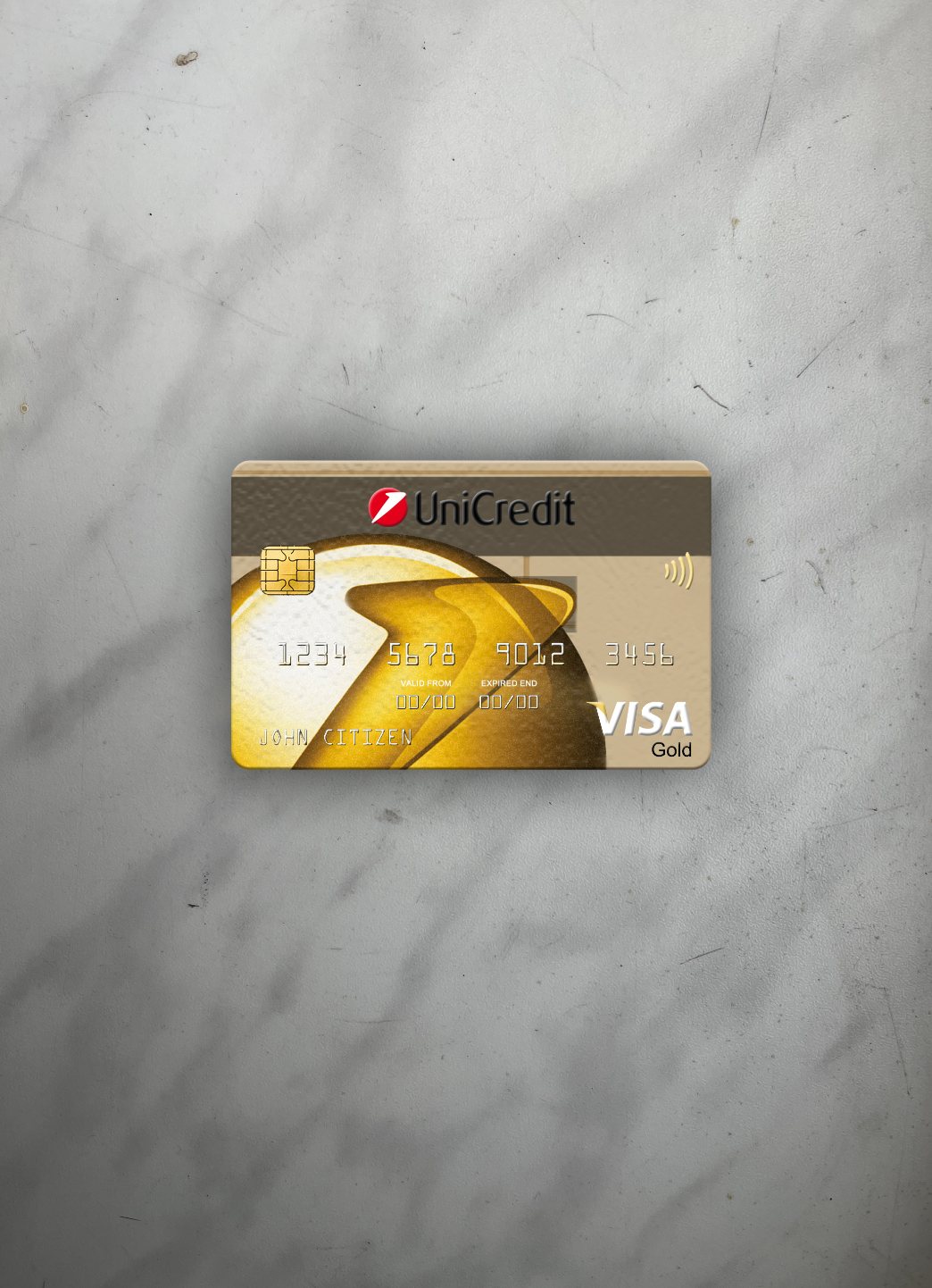 Professionelle Herunterladen Rumänien UniCredit Bank Visa Gold Karte Foto-Look Vorderseite Photoshop Vorlage