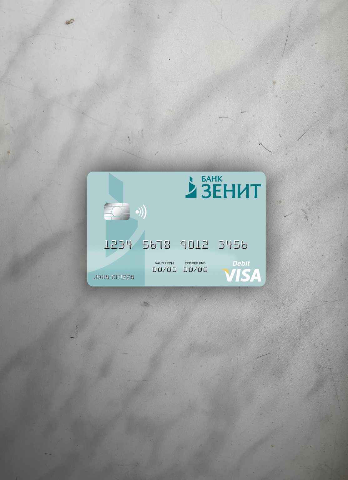 Editierbare Herunterladen Russland Bank ZENIT Visa Debit Karte Foto-Look Vorderseite Photoshop Vorlage