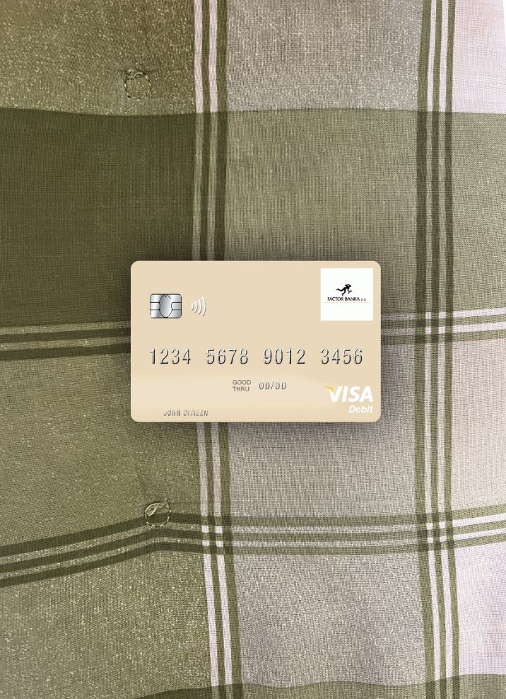 Realistische Herunterladen Slowenien Factor Banka Visa Debit Karte Foto-Look Vorderseite Photoshop Vorlage