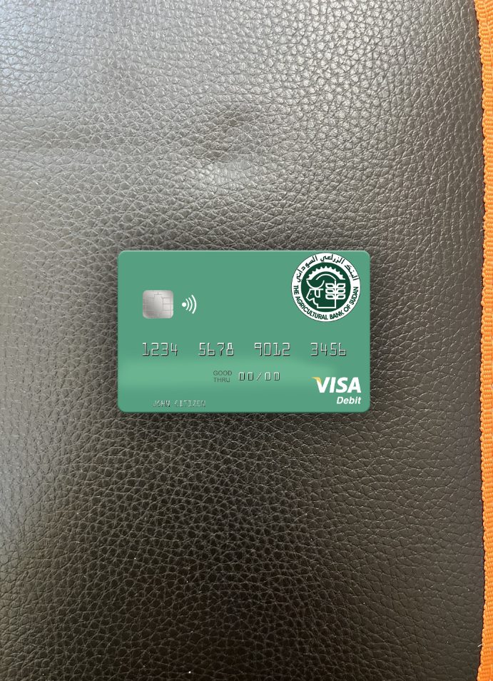 Realistische Herunterladen Sudan The Agricultural Bank von Sudan Visa Debit Karte Foto-Look Vorderseite Photoshop Vorlage