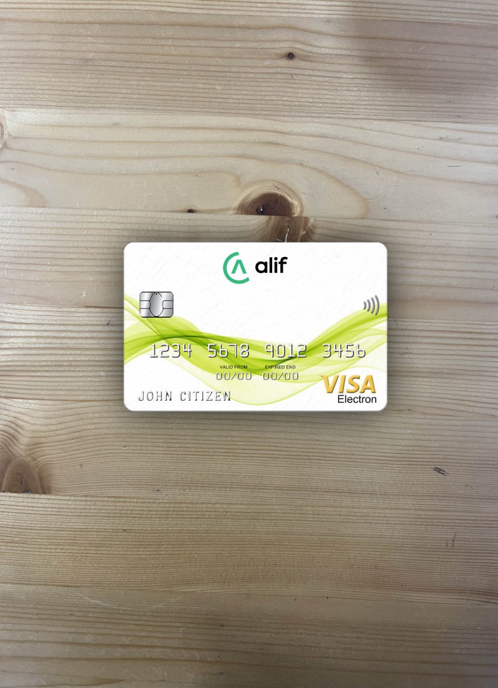 Editierbare Herunterladen Tadschikistan Alif Bank Visa Electron Karte Foto-Look Vorderseite Photoshop Vorlage