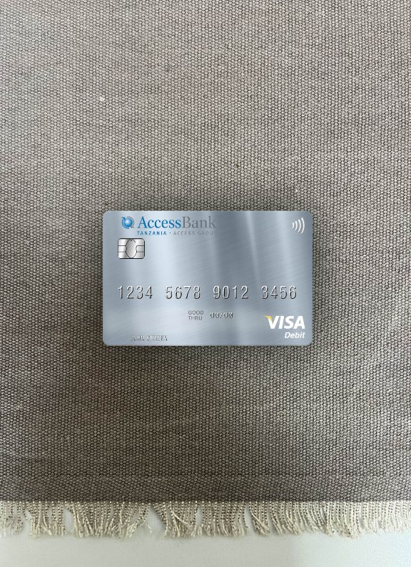 Realistische Herunterladen Tansania AccessBank Visa Debit Karte Foto-Look Vorderseite Photoshop Vorlage