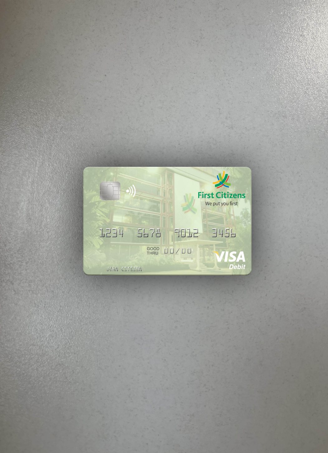 Premium Herunterladen Trinidad und Tobago Erste Citizes Bank Visa Debit Karte Foto-Look Vorderseite Photoshop Vorlage