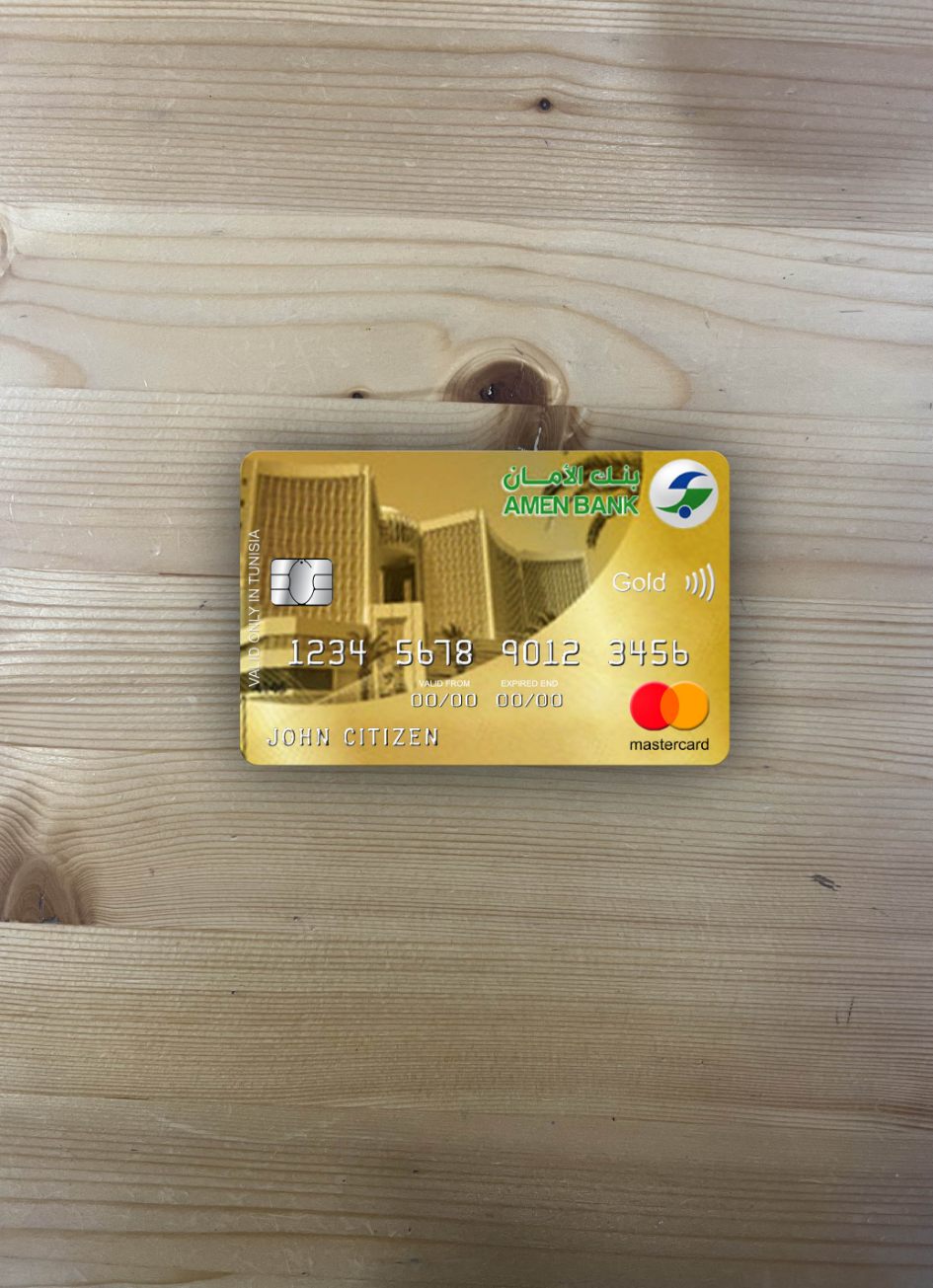 Realistische Herunterladen Tunesien Amen Bank Infinite Mastercard Gold Foto-Look Vorderseite Photoshop Vorlage