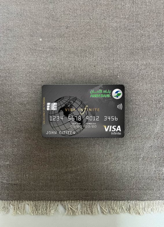 Realistische Herunterladen Tunesien Amen Bank Infinite Visa Karte Foto-Look Vorderseite Photoshop Vorlage