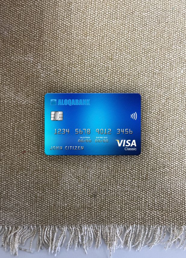 Professionelle Herunterladen Usbekistan Aloqabank Visa Classic Karte Foto-Look Vorderseite Photoshop Vorlage