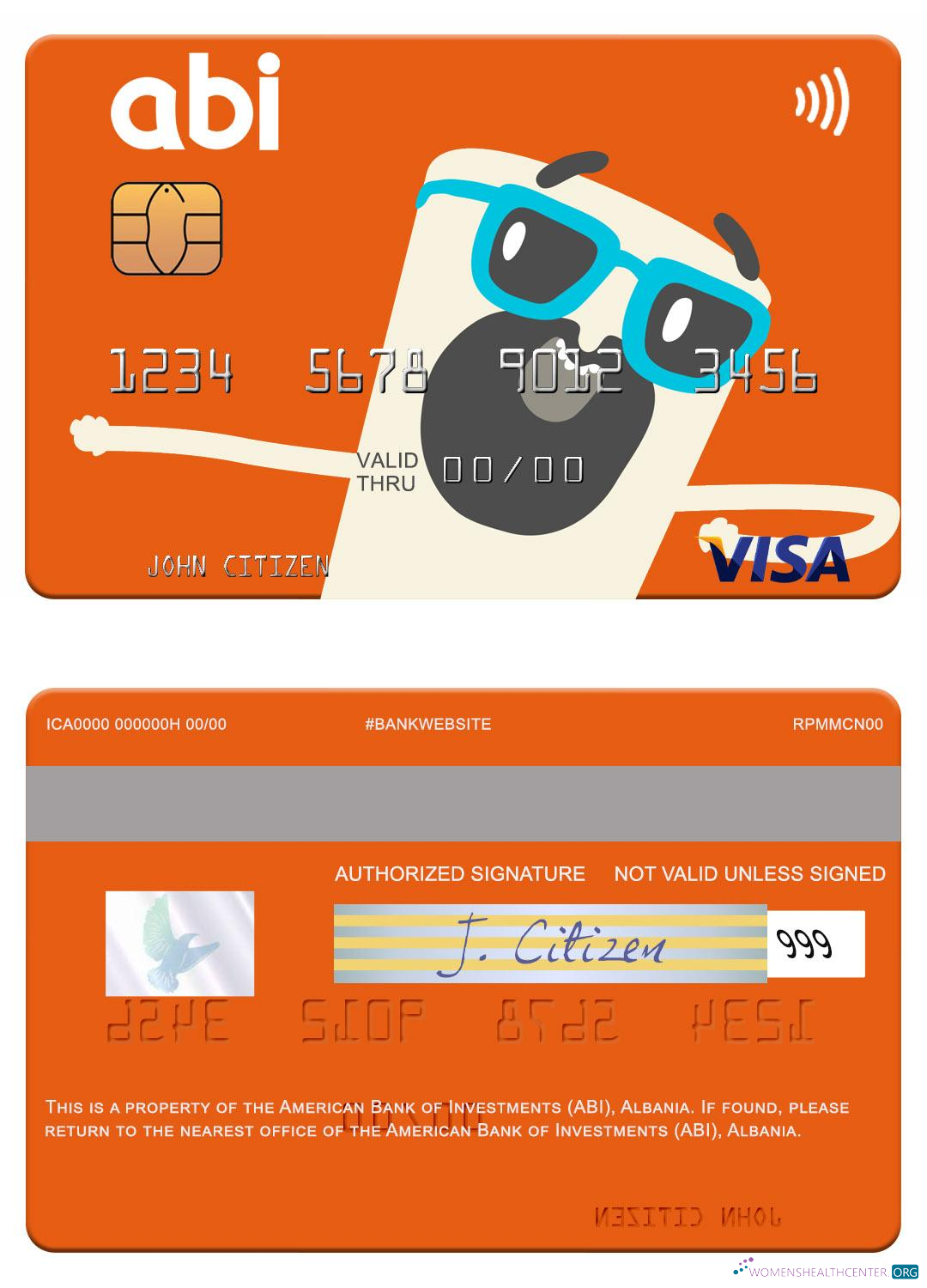 Realistische Herunterladen Albanien American Bank von Investments (ABI) Visa Karte Photoshop Vorlage