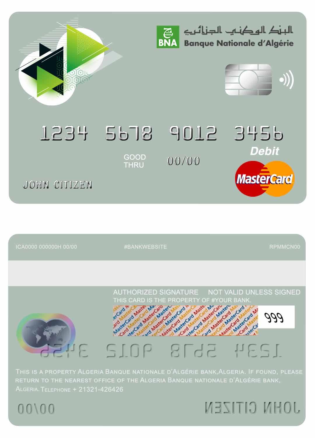 Realistische Herunterladen Algerien Banque Nationale D’Algérie (BNA) Bank Master Debit Karte Photoshop Vorlage
