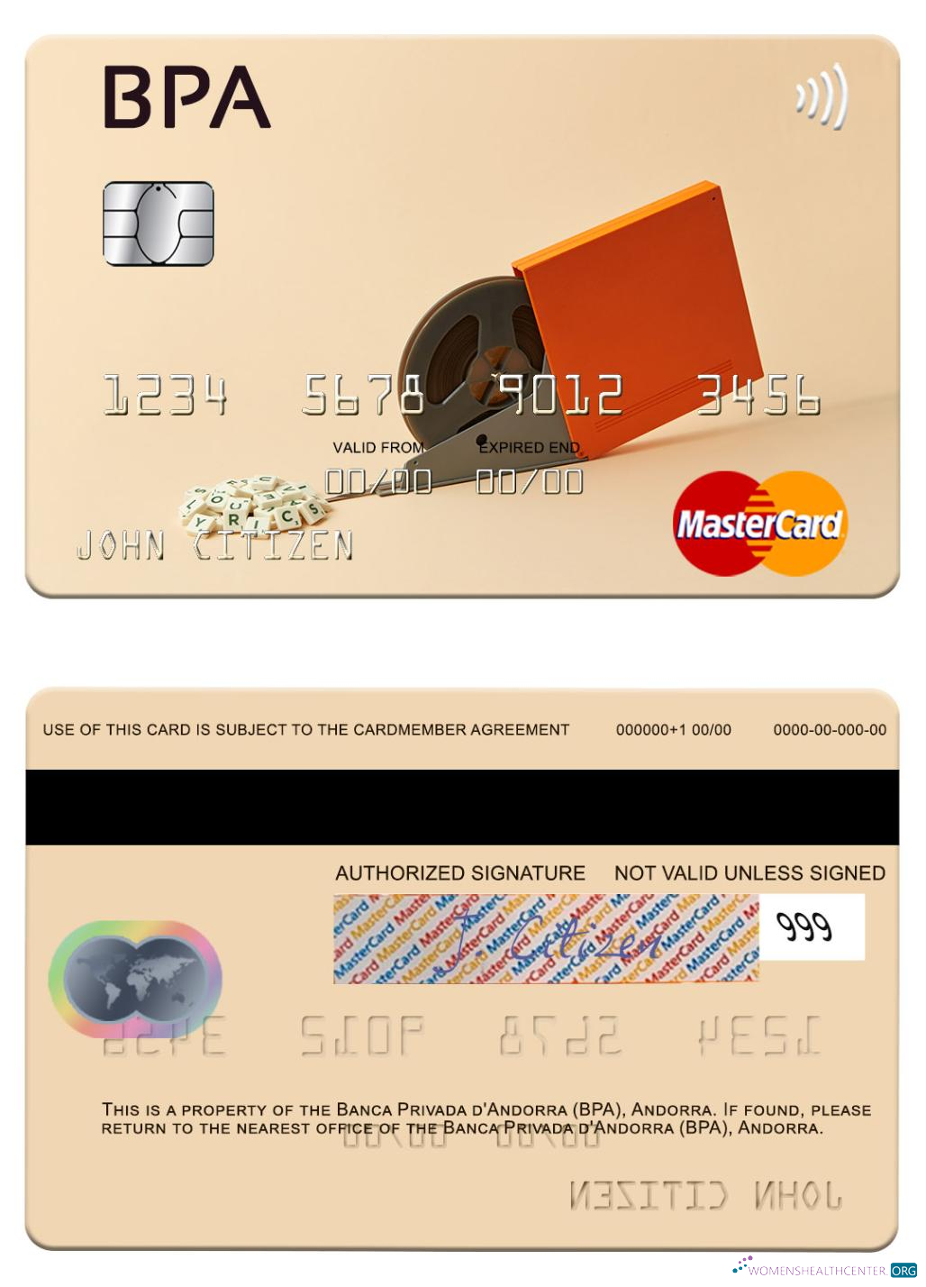 Realistische Herunterladen Andorra Banca Privada D'Andorra (BPA) Mastercard Photoshop Vorlage