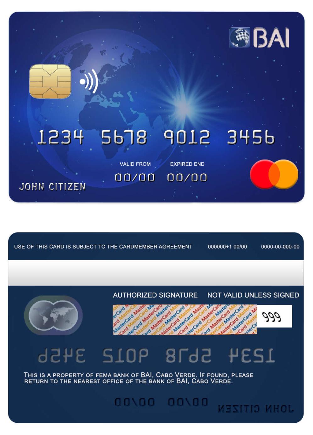 Realistische Herunterladen Kap Verde BAI Bank Mastercard Photoshop Vorlage