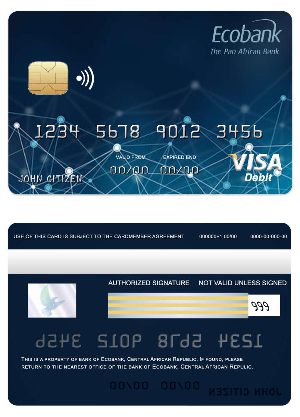 Editierbare Herunterladen Zentralafrikanische Republik Ecobank Bank Visa Karte Photoshop Vorlage