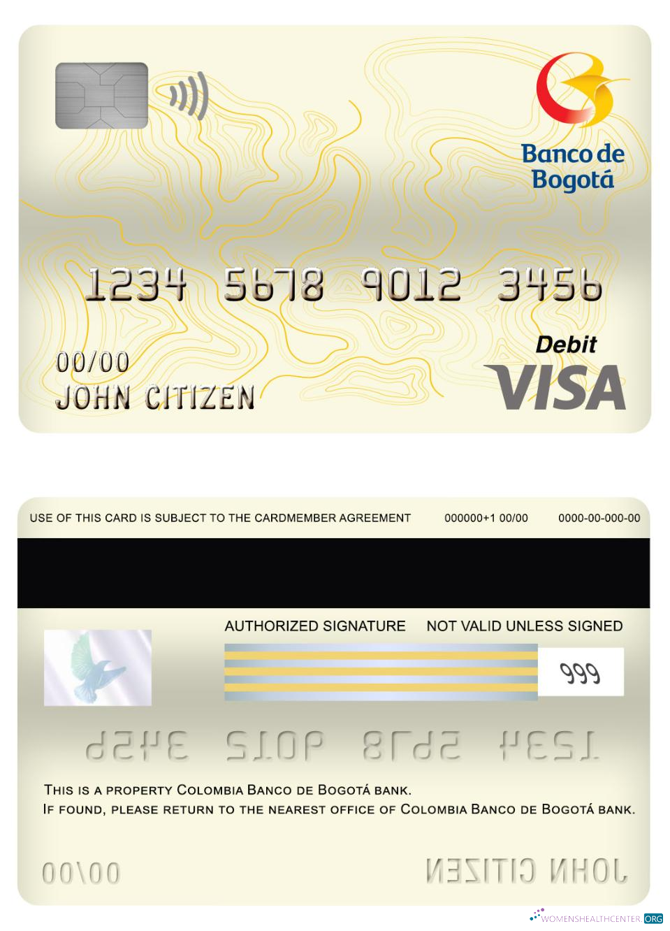 Realistische Herunterladen Kolumbien Banco de Bogotá Bank Visa Debit Karte Photoshop Vorlage