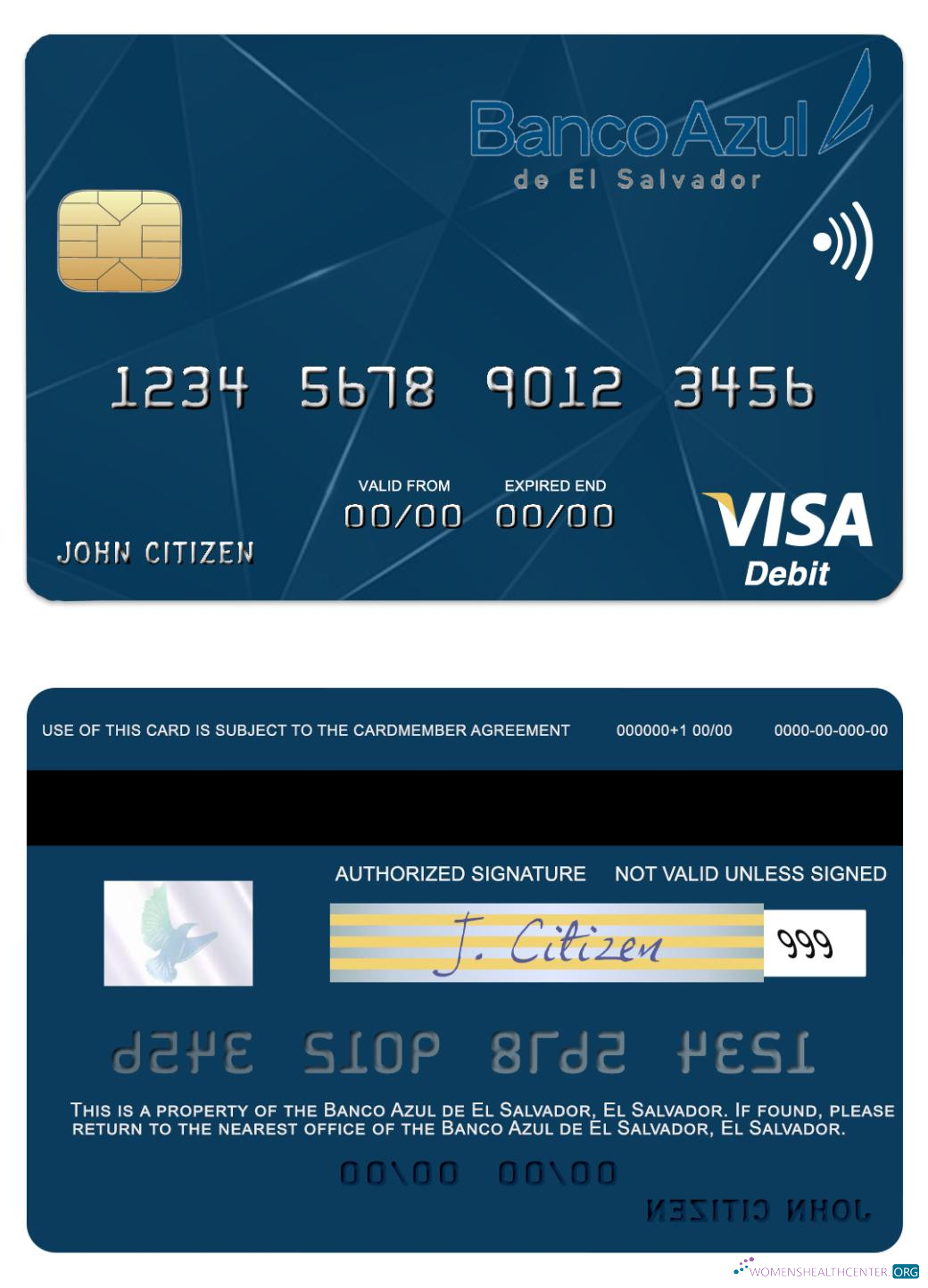 Realistische Herunterladen El Salvador Banco Azul de El Salvador Visa Debit Karte Photoshop Vorlage