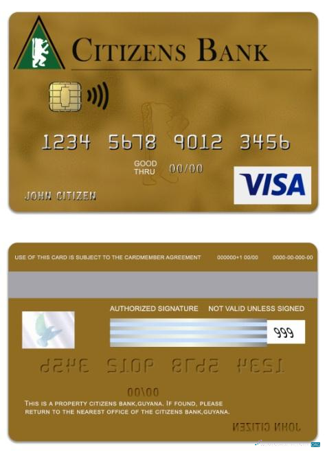 Realistische Herunterladen Guyana Citizens Bank Visa Gold Karte Photoshop Vorlage