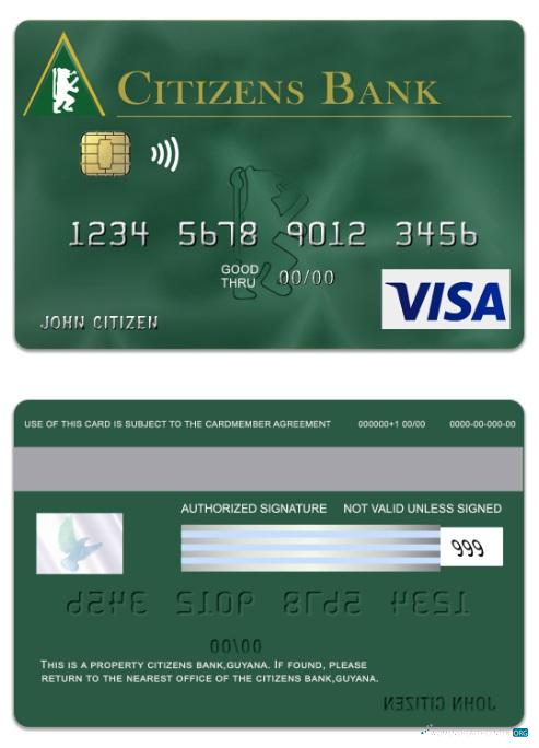 Editierbare Herunterladen Guyana Citizens Bank Visa Grün Karte Photoshop Vorlage