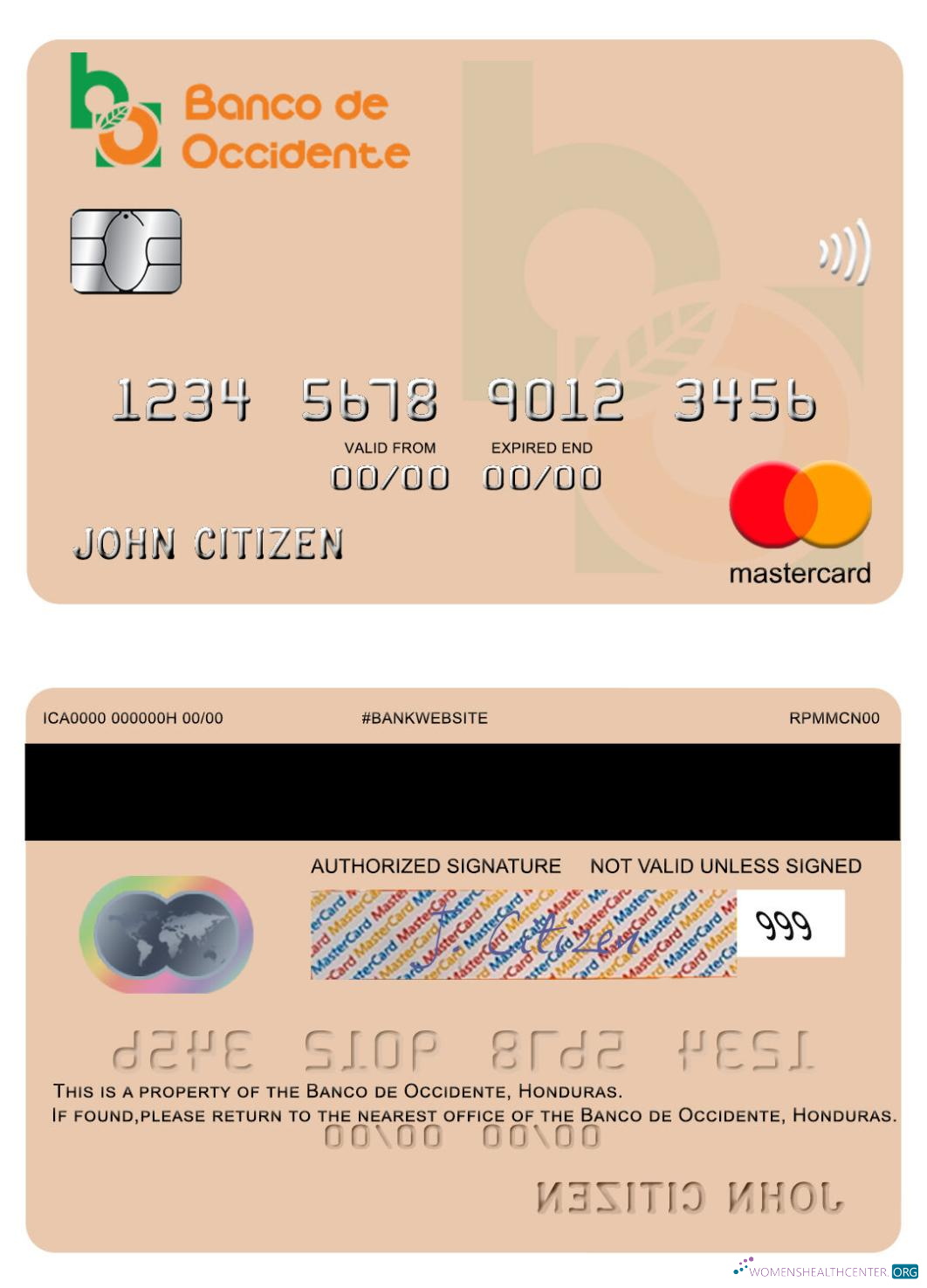 Hochwertige Herunterladen Honduras Banco de Occidente Mastercard Photoshop Vorlage