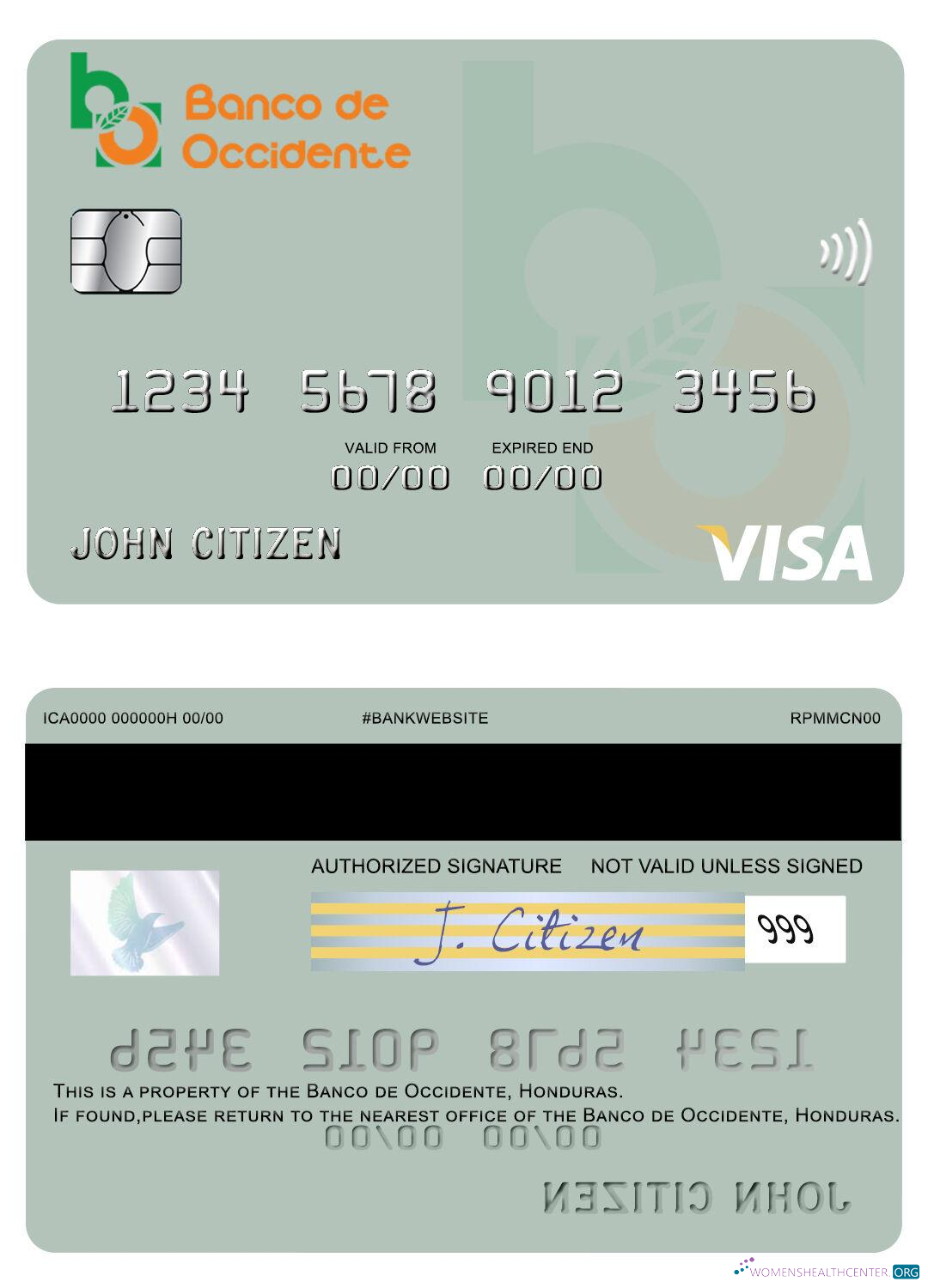 Professionelle Herunterladen Honduras Banco de Occidente Visa Karte Photoshop Vorlage