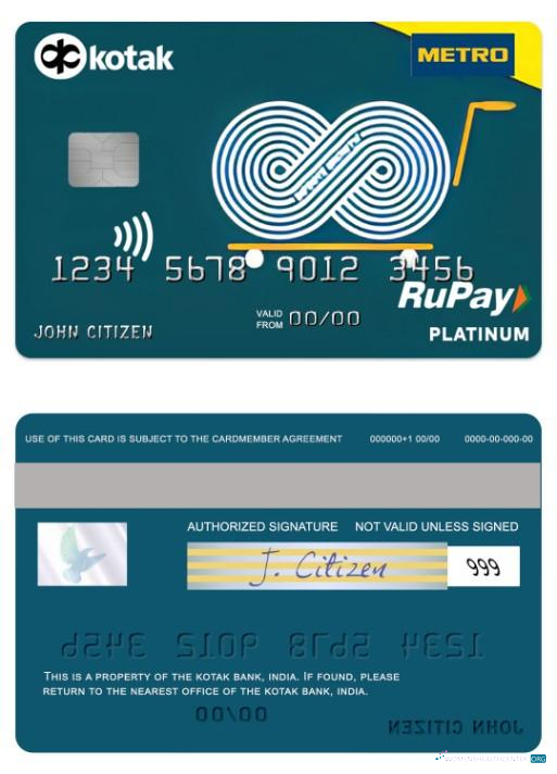 Hochwertige Herunterladen Indien Kotak Bank Metro Cash & Carry RuPay Platin Karte Photoshop Vorlage