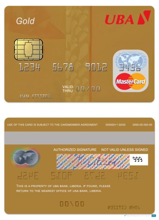 Professionelle Herunterladen Liberia UBA Bank Gold Debit Mastercard Photoshop Vorlage