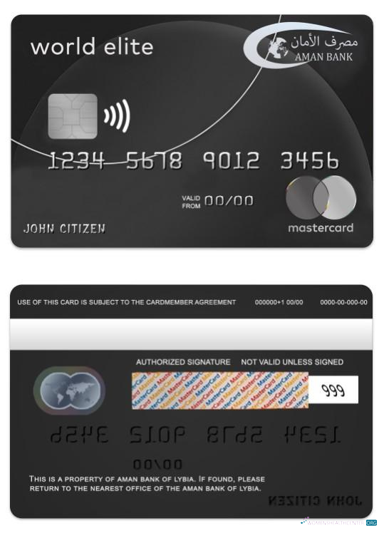Editierbare Herunterladen Libyen Aman Bank Mastercard World Elite Karte Photoshop Vorlage