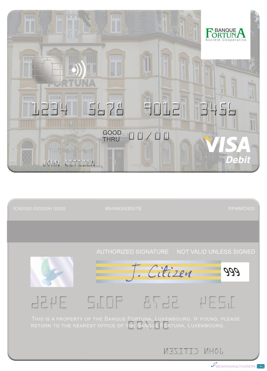 Hochwertige Herunterladen Luxemburg Banque Fortuna Visa Debit Karte Photoshop Vorlage