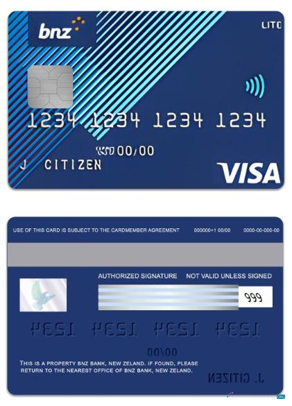 Editierbare Herunterladen Neu Zeland BNZ Bank Lite Visa Karte Photoshop Vorlage