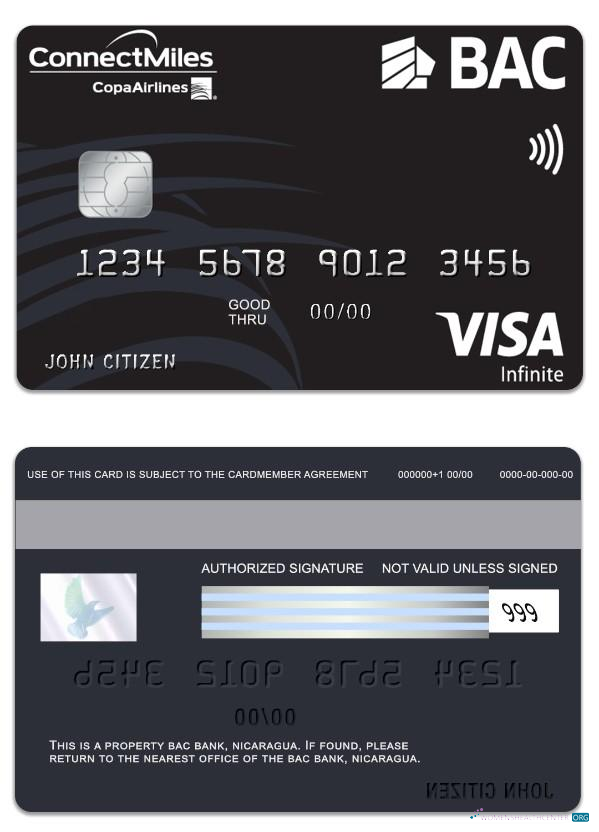 Editierbare Herunterladen Nicaragua BAC Bank Visa Infinite Karte Photoshop Vorlage