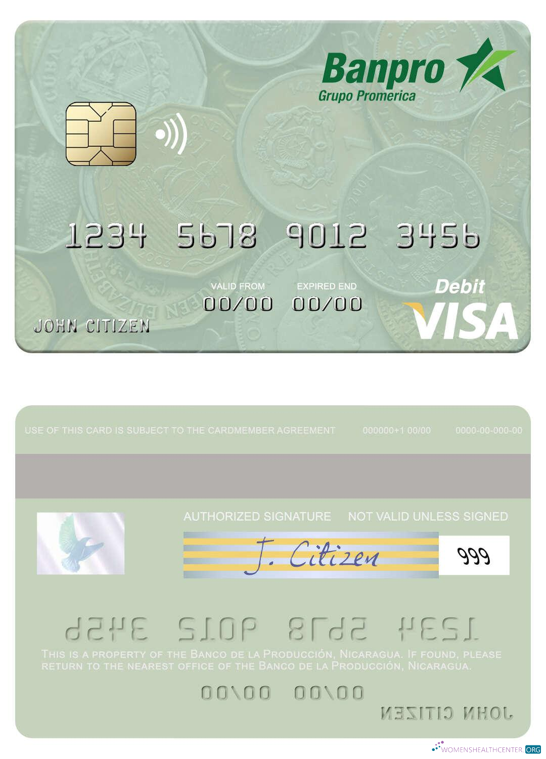 Professionelle Herunterladen Nicaragua Banco de La Producción Visa Debit Karte Photoshop Vorlage