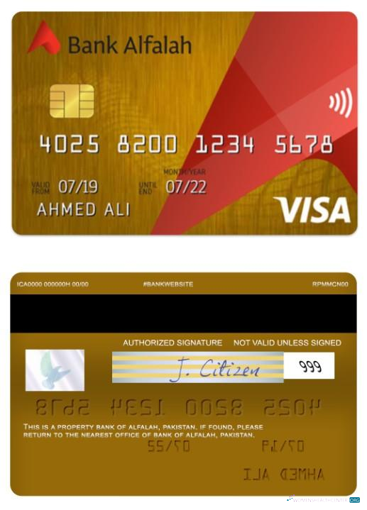 Editierbare Herunterladen Pakistan Bank von Alfalah Visa Gold Kredit Karte Photoshop Vorlage