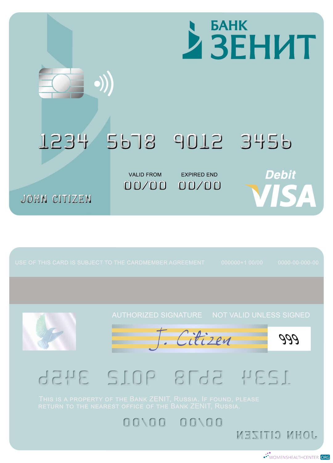 Hochwertige Herunterladen Russland Bank ZENIT Visa Debit Karte Photoshop Vorlage
