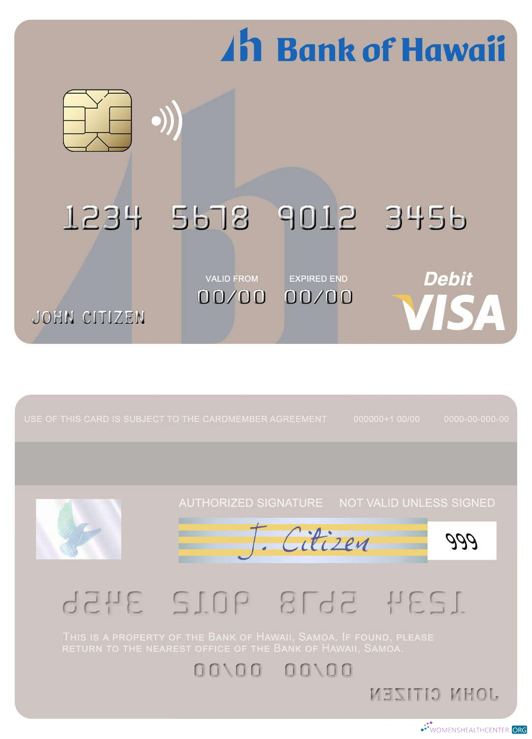Realistische Herunterladen Samoa Bank von Hawaii Visa Debit Karte Photoshop Vorlage