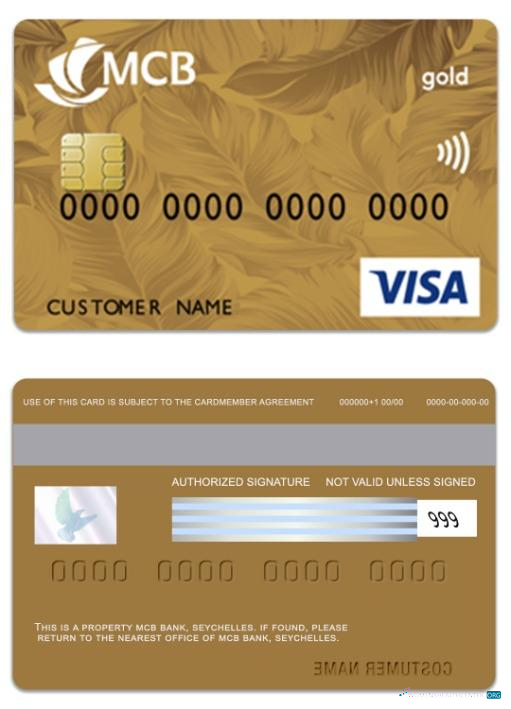 Editierbare Herunterladen Seychellen MCB Bank Visa Kredit Gold Karte Photoshop Vorlage