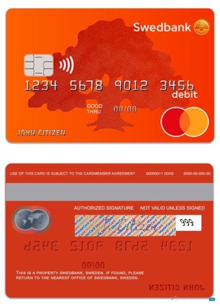 Realistische Herunterladen Schweden SwedBank Debit Mastercard Photoshop Vorlage