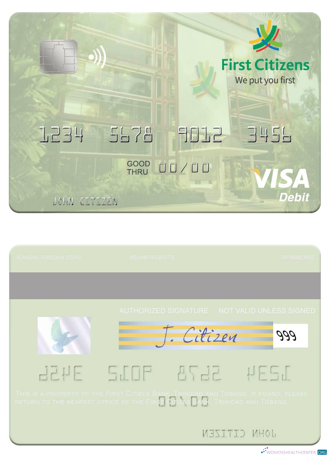 Editierbare Herunterladen Trinidad und Tobago Erste Citizes Bank Visa Debit Karte Photoshop Vorlage