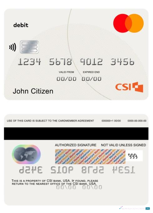 Editierbare Herunterladen USA CSI Bank Debit Mastercard Photoshop Vorlage