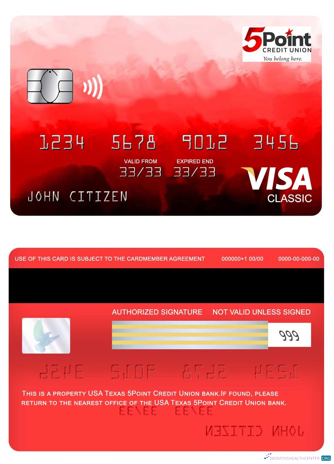 Realistische Herunterladen USA Texas 5Point Kredit Union Bank Visa Classic Karte Photoshop Vorlage
